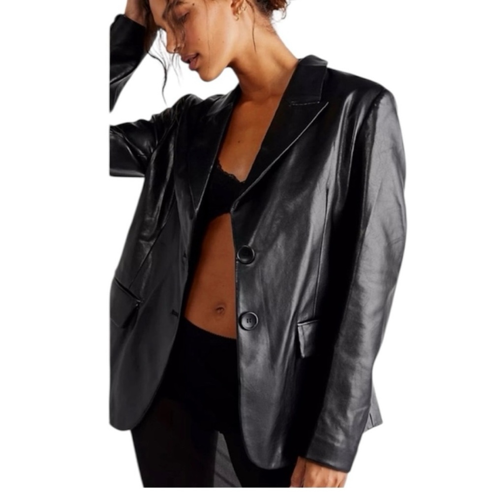 Free People Black Vegan Leather Blazer, Size S